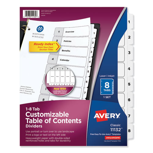 Customizable TOC Ready Index Black and White Dividers, 8-Tab, 1 to 8, 11 x 8.5, 1 Set-(AVE11132)