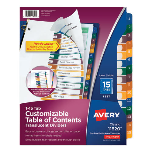 Customizable Table of Contents Ready Index Dividers with Multicolor Tabs, 15-Tab, 1 to 15, 11 x 8.5, Translucent, 1 Set-(AVE11820)