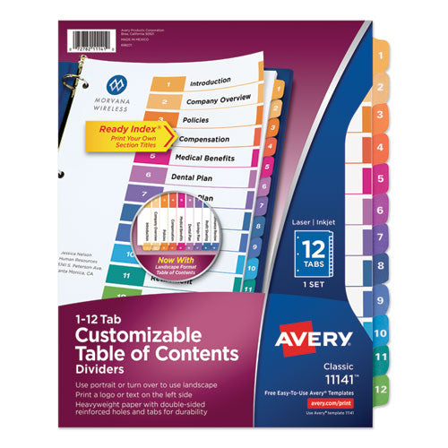 Customizable TOC Ready Index Multicolor Tab Dividers, 12-Tab, 1 to 12, 11 x 8.5, White, Traditional Color Tabs, 1 Set-(AVE11141)