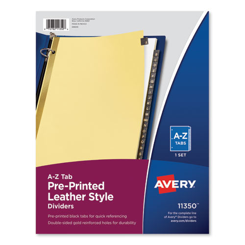 Preprinted Black Leather Tab Dividers w/Gold Reinforced Edge, 25-Tab, A to Z, 11 x 8.5, Buff, 1 Set-(AVE11350)