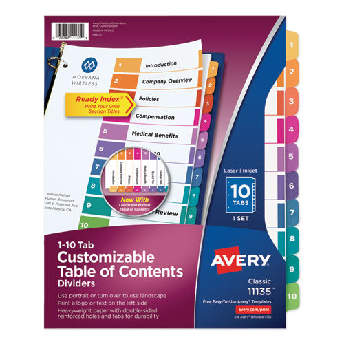 Customizable TOC Ready Index Multicolor Tab Dividers, 10-Tab, 1 to 10, 11 x 8.5, White, Traditional Color Tabs, 1 Set-(AVE11135)