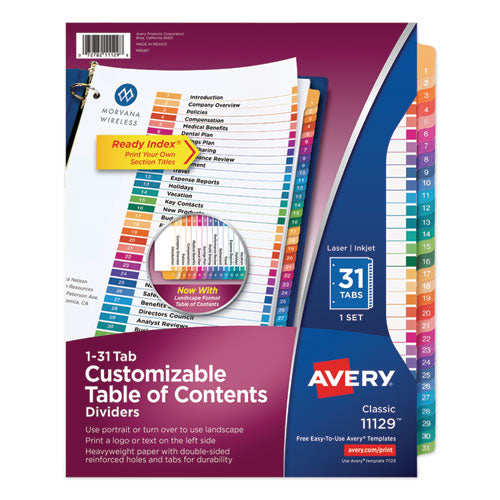 Customizable TOC Ready Index Multicolor Tab Dividers, 31-Tab, 1 to 31, 11 x 8.5, White, Traditional Color Tabs, 1 Set-(AVE11129)