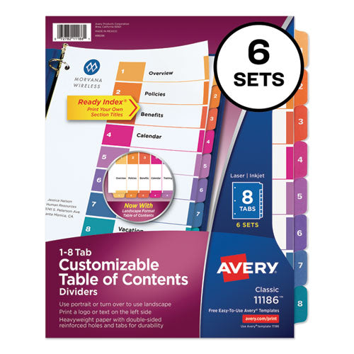 Customizable TOC Ready Index Multicolor Tab Dividers, 8-Tab, 1 to 8, 11 x 8.5, White, Traditional Color Tabs, 6 Sets-(AVE11186)