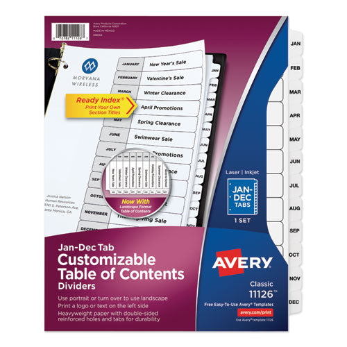 Customizable TOC Ready Index Black and White Dividers, 12-Tab, Jan. to Dec., 11 x 8.5, 1 Set-(AVE11126)