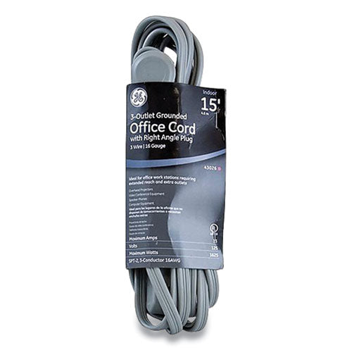 Power Strip, 3 Outlets, 15 ft Cord, Gray-(GEL43018)