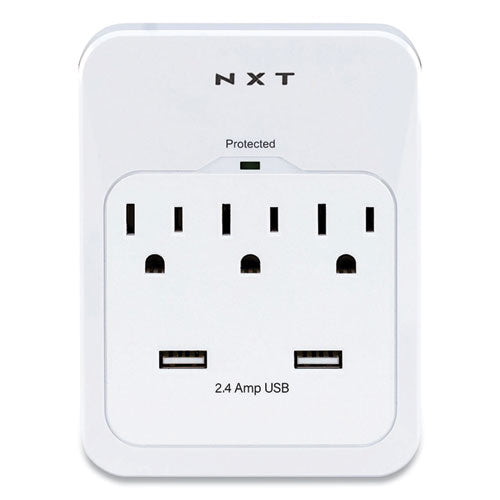 Wall-Mount Surge Protector, 3 AC Outlets/2 USB Ports, 600 J, White-(NXT24324336)