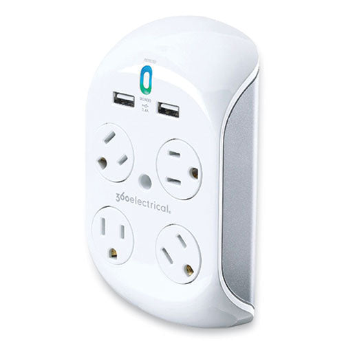 Revolve 3.4 Surge Protector, 4 AC Outlets/2 USB Ports, 918 J, White/Gray-(TSZ36038)