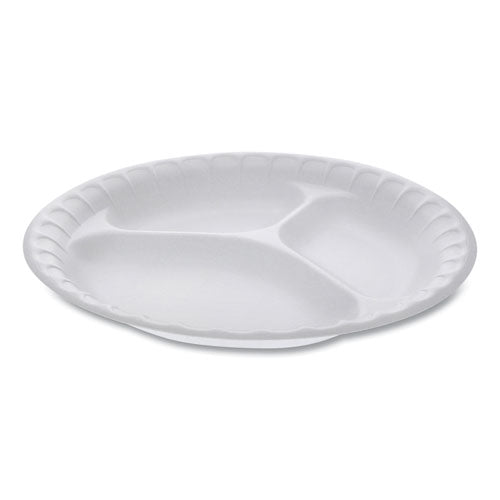 Placesetter Satin Non-Laminated Foam Dinnerware, 3-Compartment Plate, 9" dia, White, 500/Carton-(PCT0TH10011)