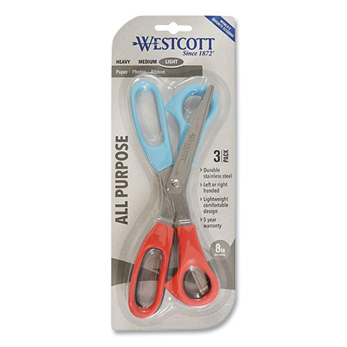 All Purpose Value Stainless Steel Scissors Three Pack, 8" Long, 3" Cut Length, Assorted Color Offset Handles, 3/Pack-(WTC13023)