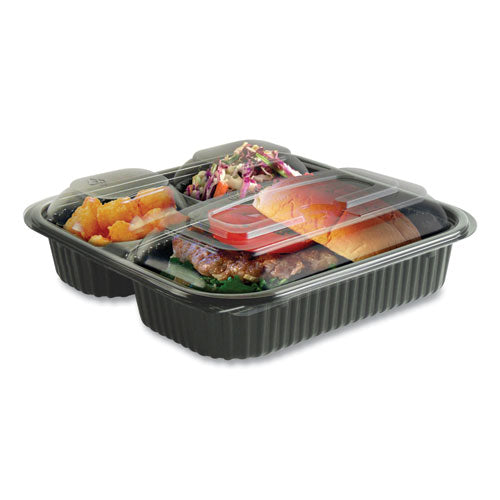 Culinary Squares 2-Piece/3-Compartment Microwavable Container, 21 oz/6 oz/6 oz, 8.46 x 8.46 x 2.5, Clear/Blk, Plastic, 150/CT-(ANZ4118523)