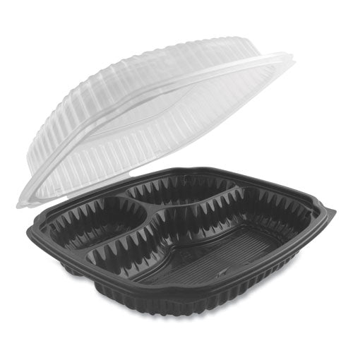 Culinary Lites Microwavable 3-Compartment Container, 26 oz/7 oz/7 oz, 10.56 x 9.98 x 3.19, Clear/Black, Plastic, 100/Carton-(ANZ4699631)