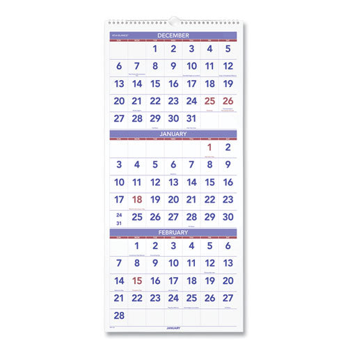 Deluxe Three-Month Reference Wall Calendar, Vertical Orientation, 12 x 27, White Sheets, 14-Month (Dec to Jan): 2022 to 2024-(AAGPM1128)