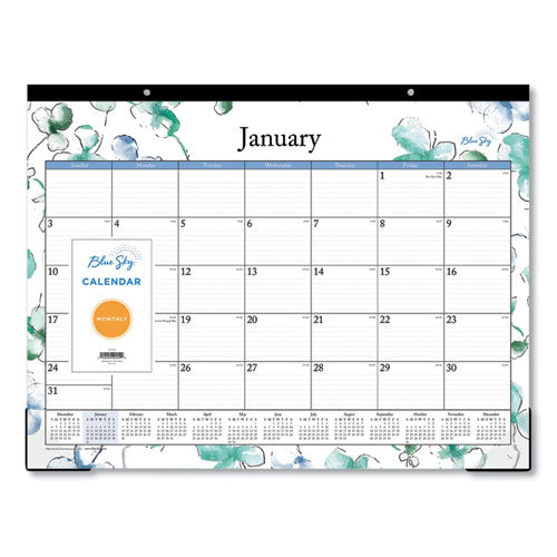 Lindley Desk Pad, Floral Artwork, 22 x 17, White/Blue/Green Sheets, Black Binding, Clear Corners, 12-Month (Jan-Dec): 2023-(BLS100018)