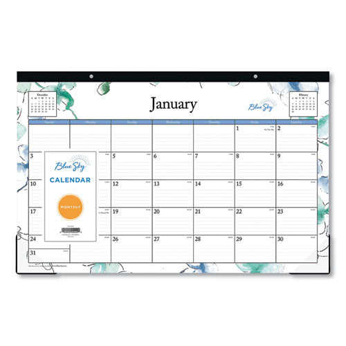 Lindley Desk Pad, Floral Artwork, 17 x 11, White/Blue/Green Sheets, Black Binding, Clear Corners, 12-Month (Jan-Dec): 2023-(BLS100024)
