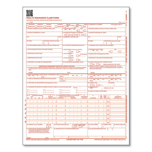 CMS-1500 Health Insurance Claim Form, Two-Part Carbonless, 8.5 x 11, 250 Forms Total-(TFPCMS12LC250)