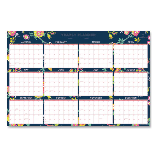 Day Designer Peyton Laminated Erasable Wall Calendar, Floral Artwork, 36 x 24, White/Navy Sheets, 12-Month (Jan-Dec): 2023-(BLS103632)