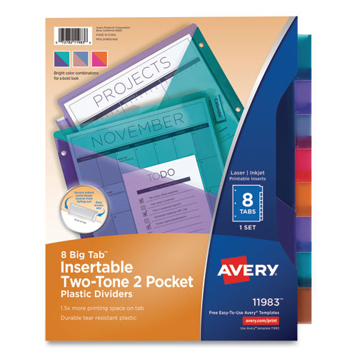 Big Tab Insertable Two-Pocket Plastic Dividers, 8-Tab, 11.13 x 9.25, Assorted, 1 Set-(AVE11983)