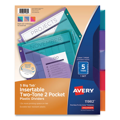 Big Tab Insertable Two-Pocket Plastic Dividers, 5-Tab, 11.13 x 9.25, Assorted, 1 Set-(AVE11982)