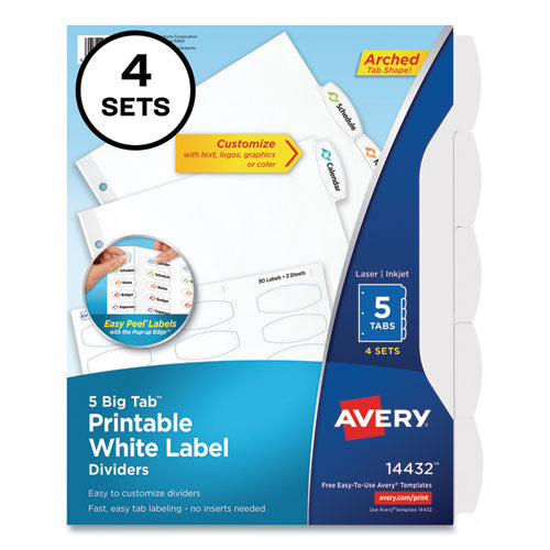 Big Tab Printable White Label Tab Dividers, 5-Tab, 11 x 8.5, White, 4 Sets-(AVE14432)