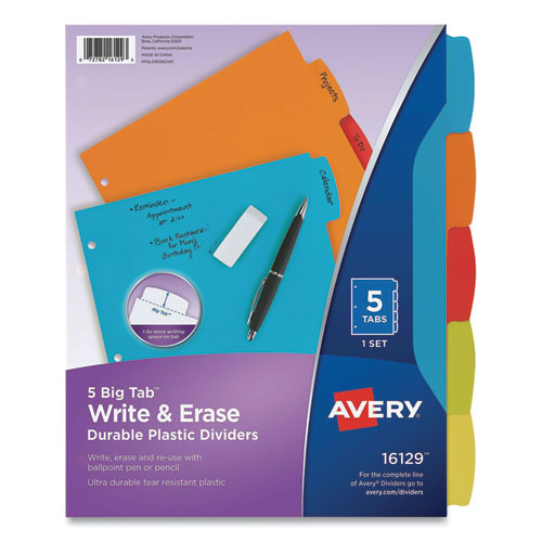Big Tab Write and Erase Durable Plastic Dividers, 5-Tab, 11 x 8.5, Assorted, 1 Set-(AVE16129)