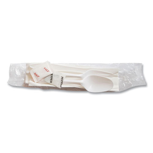 Mediumweight Cutlery Kit, Plastic Fork/Spoon/Knife/Salt/Pep/Napkin, White, 250/Carton-(BSQ1171241)