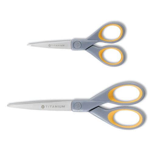 Titanium Bonded Scissors, 5" and 7" Long, 2.25" and 3.5" Cut Lengths, Gray/Yellow Straight Handles, 2/Pack-(ACM13824)