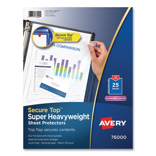 Secure Top Sheet Protectors, Super Heavy Gauge, Letter, Diamond Clear, 25/Pack-(AVE76000)