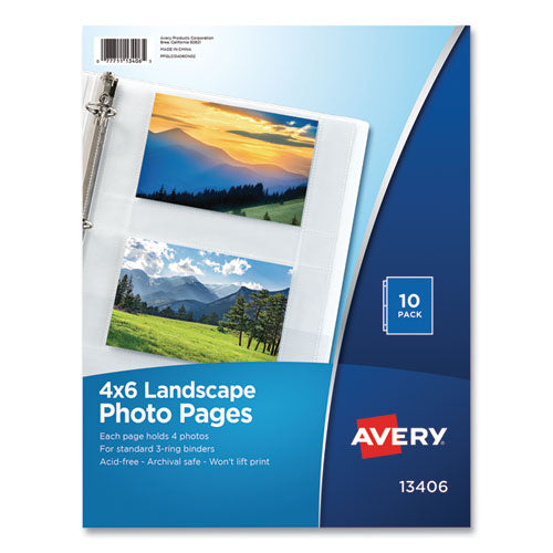 Photo Storage Pages for Four 4 x 6 Horizontal Photos, 3-Hole Punched, 10/Pack-(AVE13406)