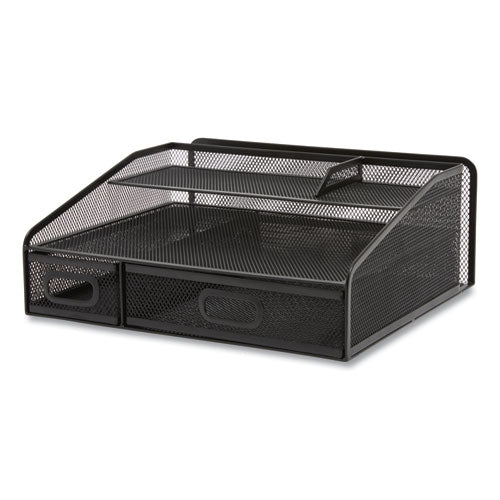 Six Compartment Wire Mesh Accessory Holder, 2 Drawers, 12.91 x 12.01 x 5.43, Black-(TUD24402483)