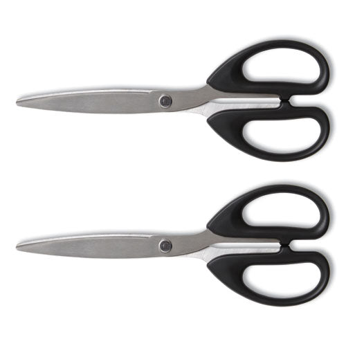 Ambidextrous Stainless Steel Scissors, 8" Long, 3.86" Cut Length, Black Straight Symmetrical Handle, 2/Pack-(TUD24380517)
