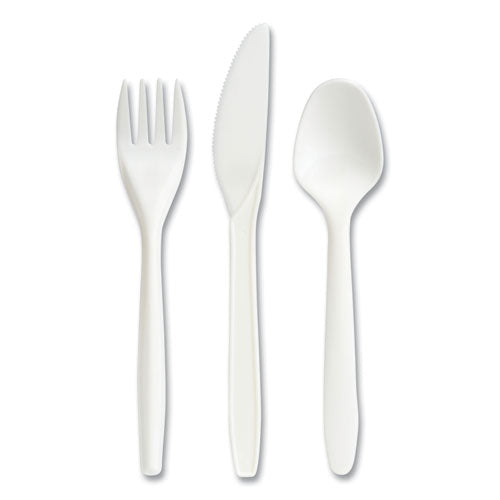 Eco-ID Mediumweight Compostable Cutlery, Fork/Knife/Teaspoon, White, 120 Sets/Pack-(PRK24394124)