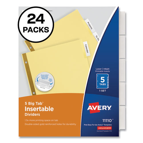 Insertable Big Tab Dividers, 5-Tab, Double-Sided Gold Edge Reinforcing, 11 x 8.5, Buff, Clear Tabs, 24 Sets-(AVE11113)