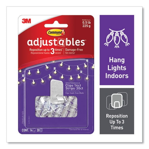 Adjustables Repositionable Mini Clips, Plastic, White, 0.5 lb Capacity, 14 Clips and 30 Strips-(MMM17840CLR14ES)
