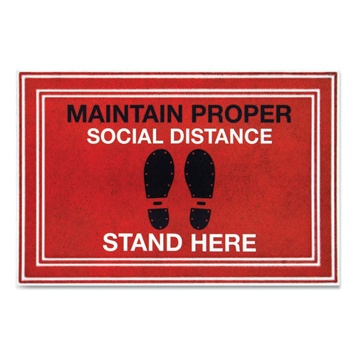 Message Floor Mats, 24 x 36, Red/Black, "Maintain Social Distance Stand Here"-(APH3984528792X3)