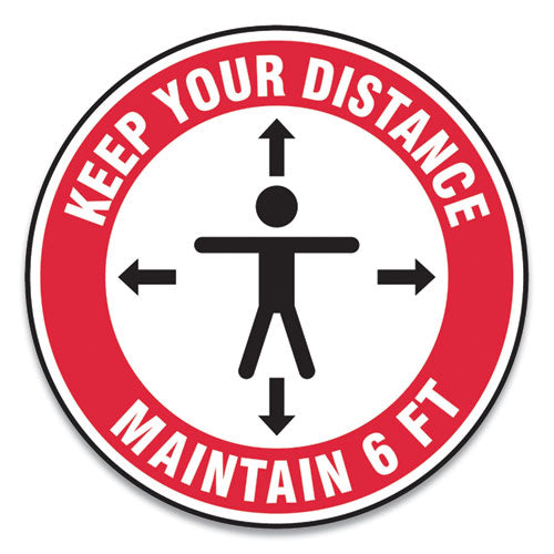Slip-Gard Social Distance Floor Signs, 17" Circle, "Keep Your Distance Maintain 6 ft", Human/Arrows, Red/White, 25/Pack-(GN1MFS347ESP)