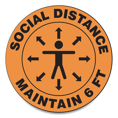 Slip-Gard Social Distance Floor Signs, 12" Circle, "Social Distance Maintain 6 ft", Human/Arrows, Orange, 25/Pack-(GN1MFS380ESP)
