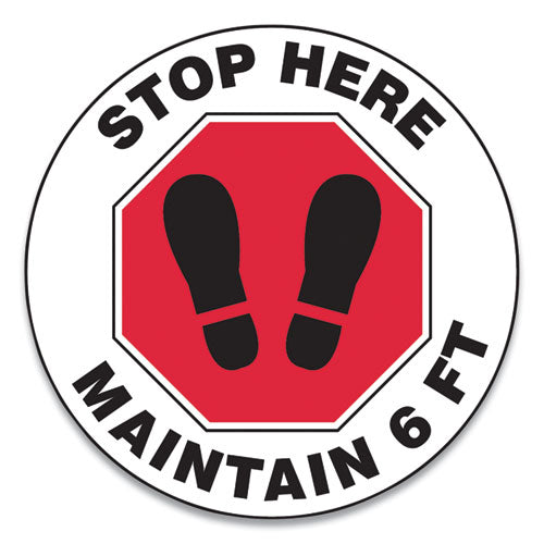 Slip-Gard Social Distance Floor Signs, 17" Circle, "Stop Here Maintain 6 ft", Footprint, Red/White, 25/Pack-(GN1MFS390ESP)