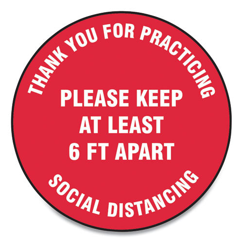 Slip-Gard Floor Signs, 17" Circle, "Thank You For Practicing Social Distancing Please Keep At Least 6 ft Apart", Red, 25/Pack-(GN1MFS423ESP)