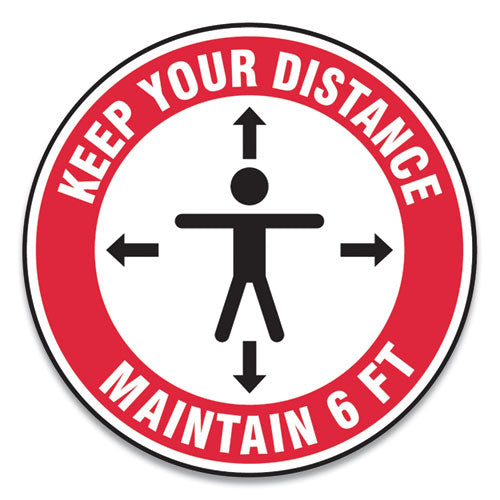 Slip-Gard Social Distance Floor Signs, 12" Circle, "Keep Your Distance Maintain 6 ft", Human/Arrows, Red/White, 25/Pack-(GN1MFS345ESP)