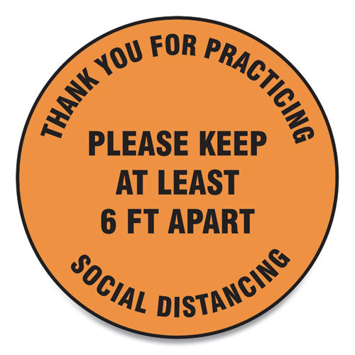 Slip-Gard Floor Signs, 12" Circle,"Thank You For Practicing Social Distancing Please Keep At Least 6 ft Apart", Orange, 25/PK-(GN1MFS428ESP)