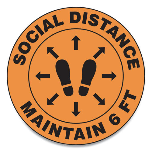 Slip-Gard Social Distance Floor Signs, 12" Circle, "Social Distance Maintain 6 ft", Footprint, Orange, 25/Pack-(GN1MFS384ESP)