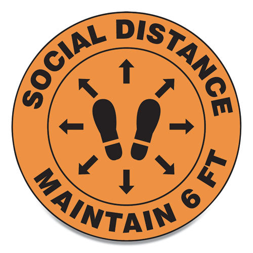 Slip-Gard Social Distance Floor Signs, 17" Circle, "Social Distance Maintain 6 ft", Footprint, Orange, 25/Pack-(GN1MFS386ESP)