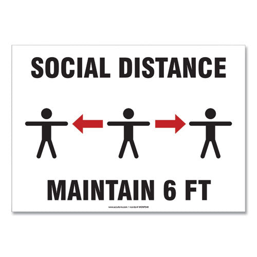 Social Distance Signs, Wall, 10 x 7, "Social Distance Maintain 6 ft", 3 Humans/Arrows, White, 10/Pack-(GN1MGNF544VPESP)