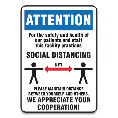 Social Distance Signs, Wall, 7 x 10, Patients and Staff Social Distancing, Humans/Arrows, Blue/White, 10/Pack-(GN1MGNG903VPESP)