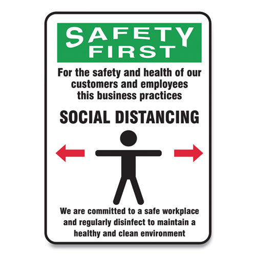 Social Distance Signs, Wall, 7 x 10, Customers and Employees Distancing Clean Environment, Humans/Arrows, Green/White, 10/PK-(GN1MGNG909VPESP)