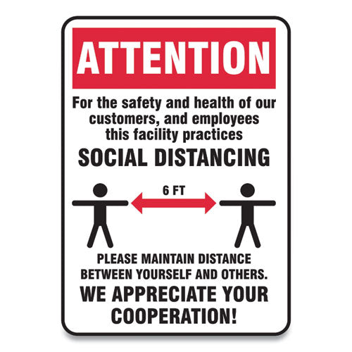 Social Distance Signs, Wall, 7 x 10, Customers and Employees Distancing, Humans/Arrows, Red/White, 10/Pack-(GN1MGNG901VPESP)