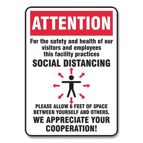Social Distance Signs, Wall, 7 x 10, Visitors and Employees Distancing, Humans/Arrows, Red/White, 10/Pack-(GN1MGNG902VPESP)
