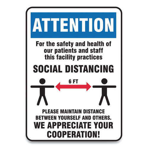 Social Distance Signs, Wall, 10 x 14, Patients and Staff Social Distancing, Humans/Arrows, Blue/White, 10/Pack-(GN1MGNG907VPESP)