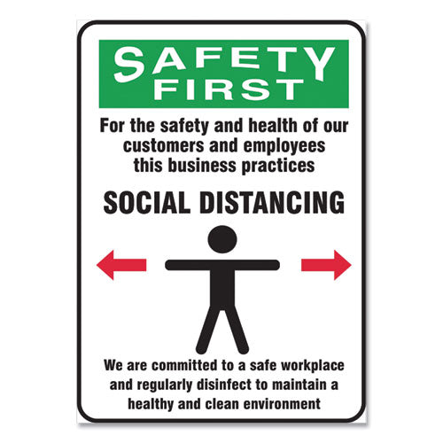 Social Distance Signs, Wall, 10 x 14, Customers and Employees Distancing Clean Environment, Humans/Arrows, Green/White, 10/PK-(GN1MGNG908VPESP)