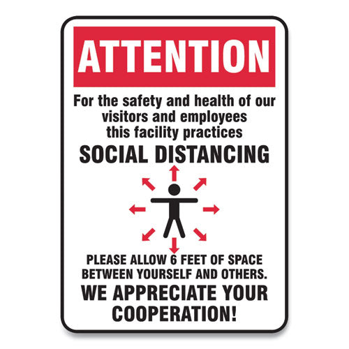 Social Distance Signs, Wall, 10 x 14, Visitors and Employees Distancing, Humans/Arrows, Red/White, 10/Pack-(GN1MGNG906VPESP)